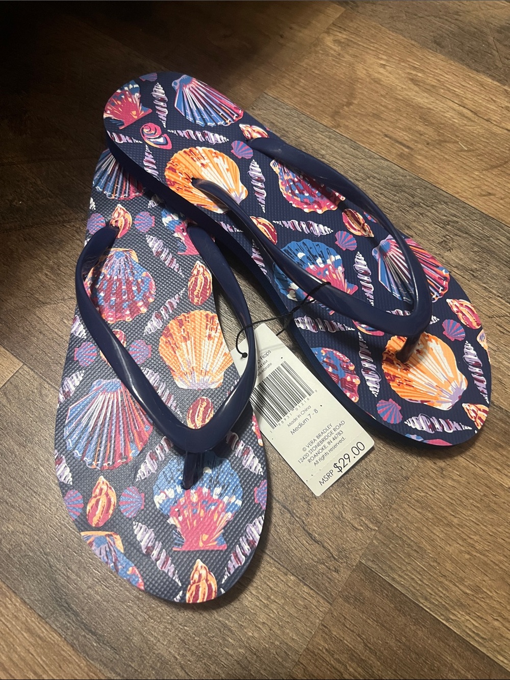 Vera Bradley Navy Flip Flops with Orange, Pink & Blue Seashell Print